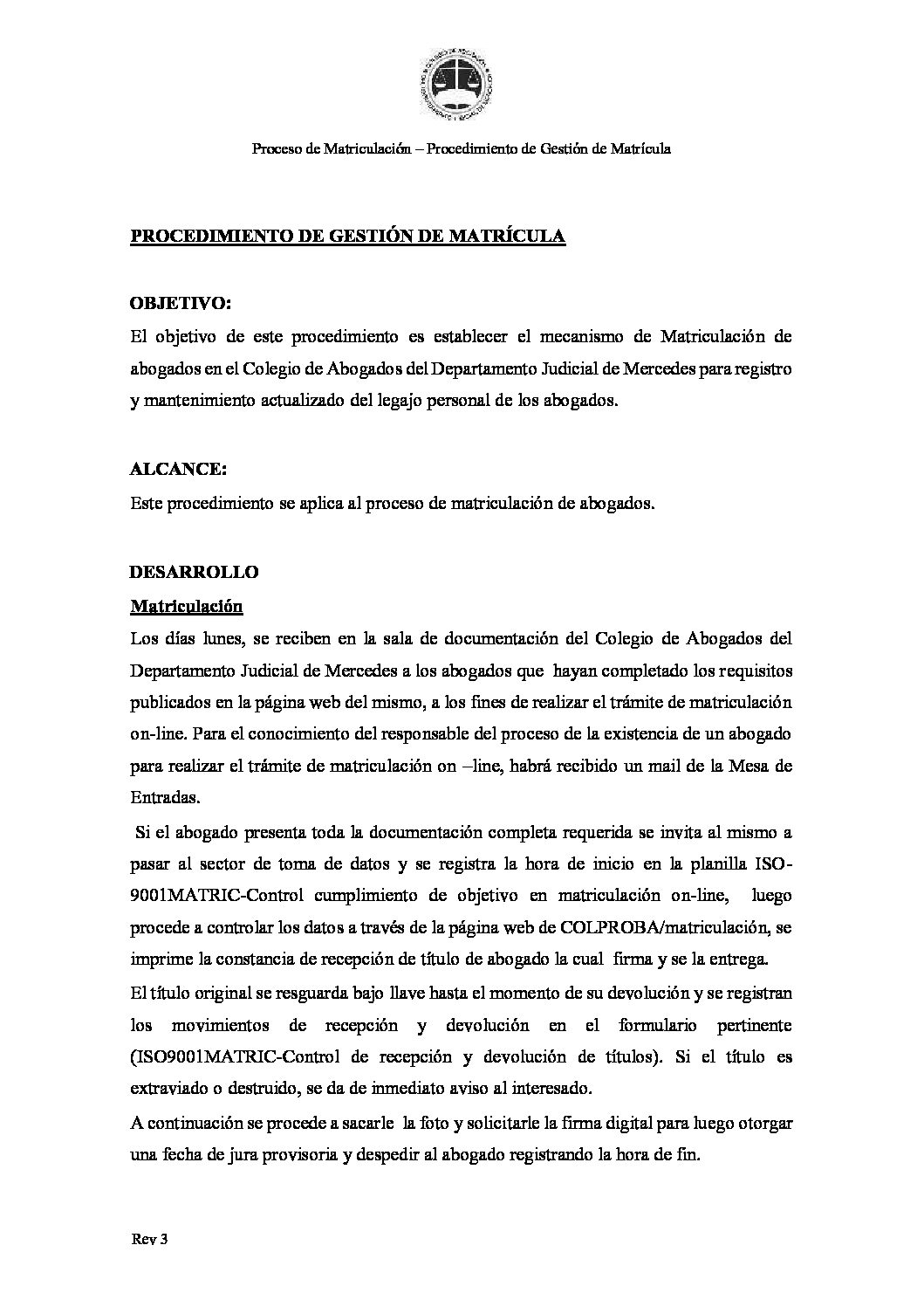 ISO9001-MATRIC-Procedimiento de Gestión de Matrícula - REV 3